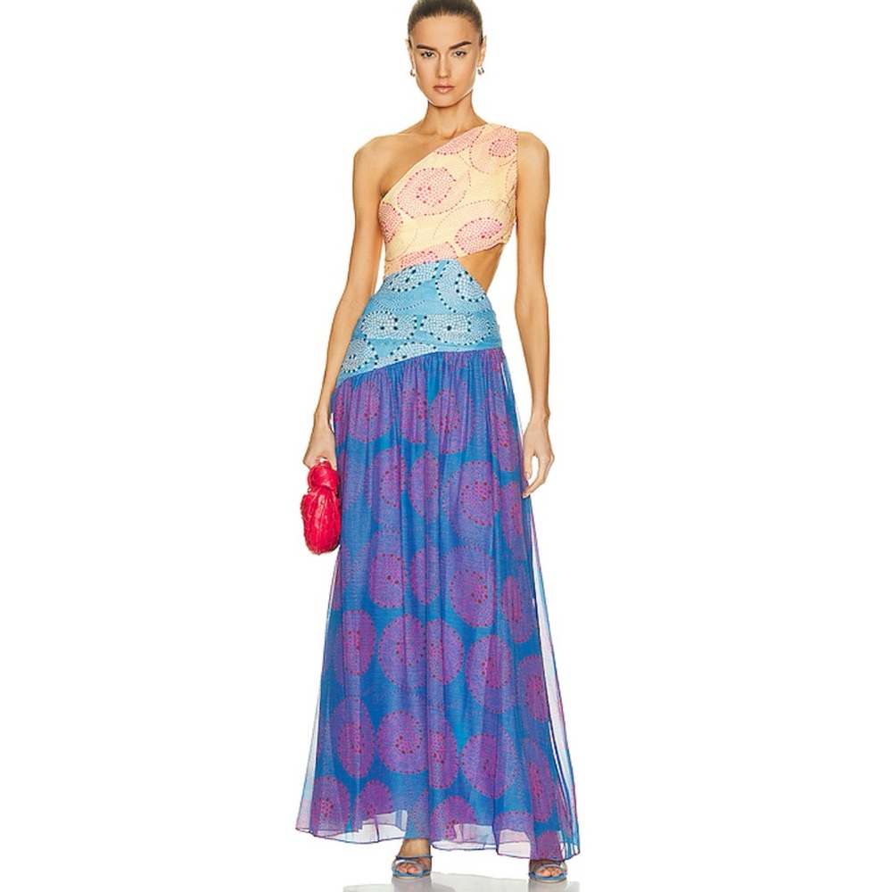 STAUD Ashlyn One-shoulder Chiffon Maxi Dress in Whirlpool Size 6 - Picture 2 of 11